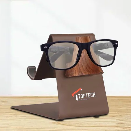Brown Customized Metal Phone Stand with Spectacle Holder | Perfect for Glasses & Goggles
