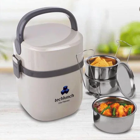 Grey Customized Bento Travel Lunch Box With 3 Steel Containers & Lifter | Press Lock Mechanism