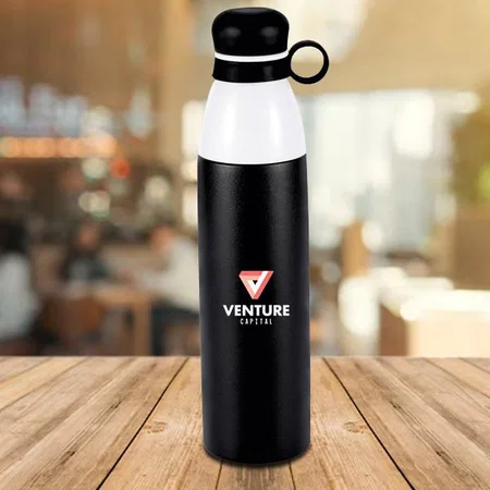 Black Customized Pearl Double Cap Vacuum Bottle in Metallic Finish with Carry Loop (750 ml approx)