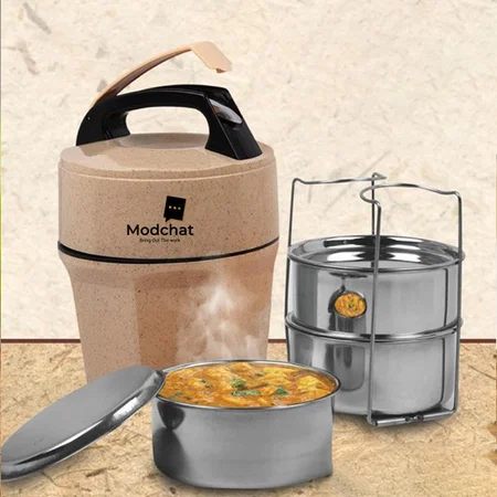 Brown Customized 3 Steel Container Lunch Box With Spoon | Made From Eco Friendly Material | 100% Recyclable