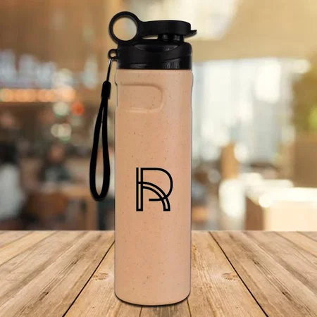 Customized Insulated Straight Steel Bottle with Rice Husk Outer Body | Flip Top Cap with Easy Carry Slot | 500 ml approx
