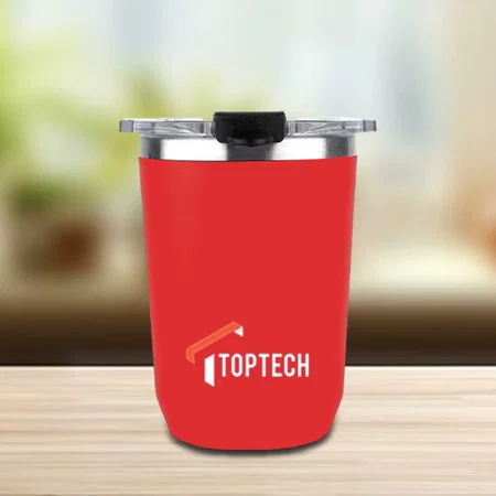 Red Customized Stainless Steel Coffee Mug | Premium Clear Cap with Flip Top Lid | Leak Proof | Capacity 350ml approx