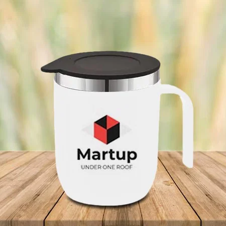 White Customized Stainless Steel Double Wall Coffee Mug with Round Randle | Leak Proof | Capacity 460ml approx