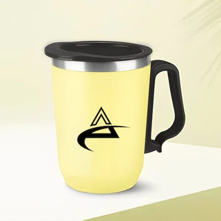 Yellow Customized Stainless Steel Coffee Mug with Carabiner Handle | Leak Proof Cap | Capacity 350ml approx