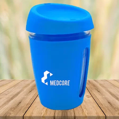 Blue Customized Glass Mug with Full Silicon Sleeve & Lid | Capacity 350 ml