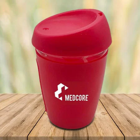 Red Customized Glass Mug with Full Silicon Sleeve & Lid | Capacity 350 ml