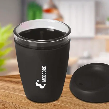Black Customized Glass Mug with Full Silicon Sleeve & Lid | Capacity 350 ml