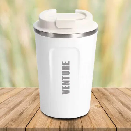 White Customized Stainless Steel Vacuum Coffee Mug | Premium Flip Top Locking Cap | Capacity 380ml approx