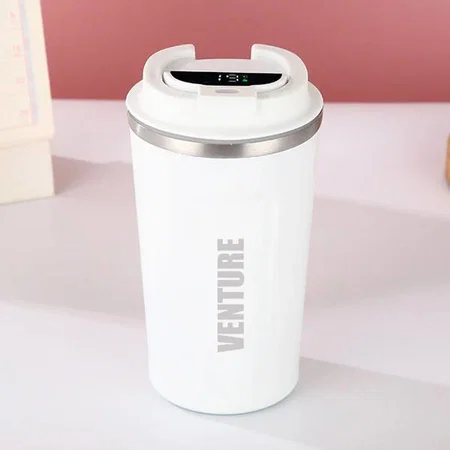 White Customized Stainless Steel Vacuum Coffee Mug with Temperature Display | Premium Flip Top Locking Cap | Capacity 510ml approx