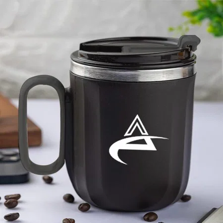 Black Customized Spill Proof Suction Mug with Oval Handle | Capacity 350ml approx