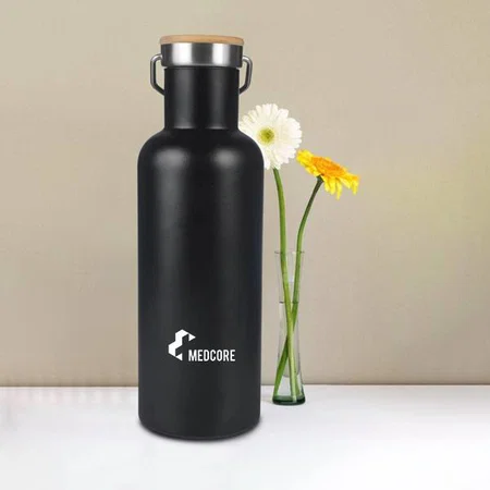 Black Customized 700 ml Vacuum Flask with Bamboo Lid | 304 steel inside & outside | 18 hours hot/cold
