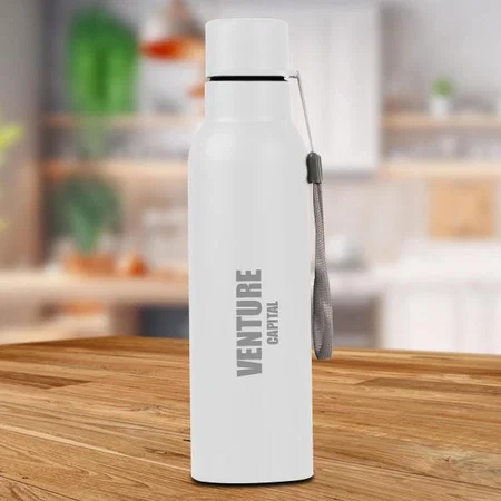 White Customized Stainless Steel Single Wall Bottle | With Colored Cap and Carry Strap | Capacity 750ml approx