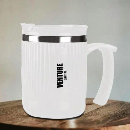 White Customized Large Spill Proof Suction Steel Mug with Flip Top Lid | Capacity 460ml approx | Stainless steel inside
