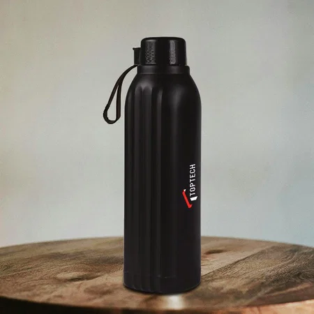 Black Customized Insulated Steel Bottle | Keeps Hot & Cold for 4-6 Hours | Strap for Carrying easily | Capacity 750 ml approx