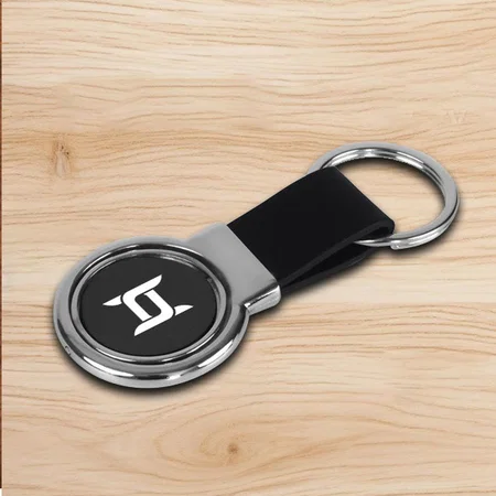 Black Customized PU Key chain with Round Rotating Double side Gunmetal plate