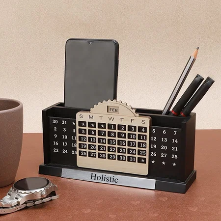 Customized Wooden Pen Stand With Life Time Calendar