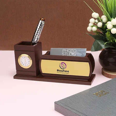 Customized Brown MDF Wooden Pen Stand With Clock, For Office