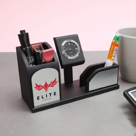 Black Customized Pen Stand & Visiting Card Holder With Clock