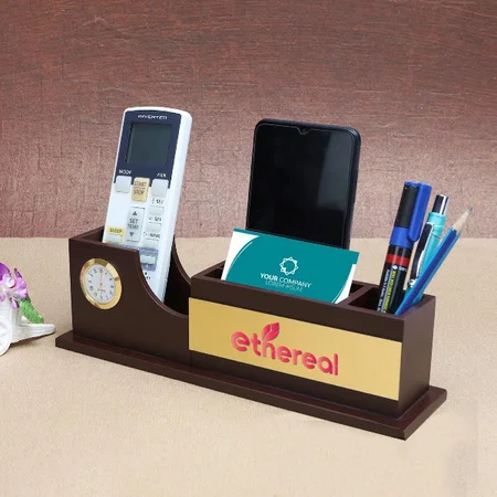 Customized Wooden Desk Organizer With Pen Stand, Mobile Holder & Clock