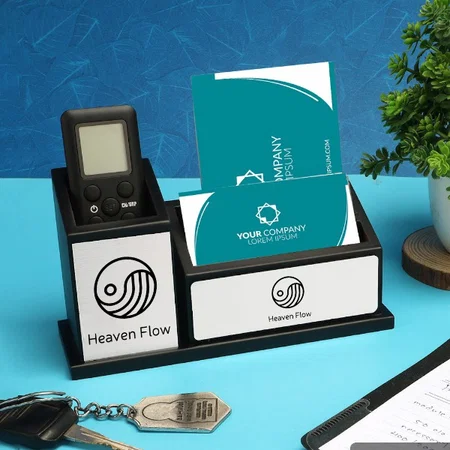 Black Customized Wooden Pen Stand With Card Holder