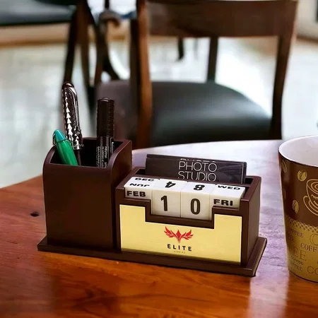 Customized Brown Wooden Pen Stand & Table Calendar
