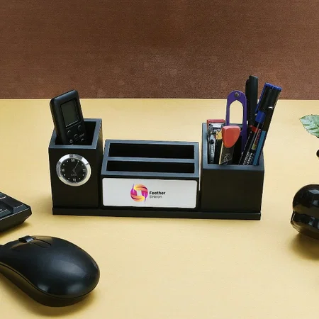Black Customized Wooden Desk Organizer With Clock, Mobile Stand & Pen Holder