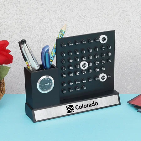 Black Customized Wooden Pen Stand with Lifetime Calendar