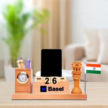 Customized Wooden Pen Stand With Clock and Calendar