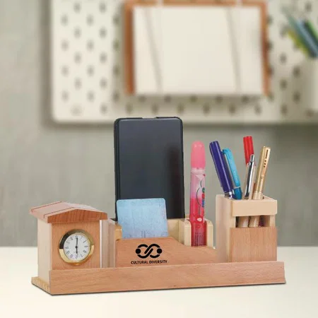 Customized Wooden Pen Stand With Clock