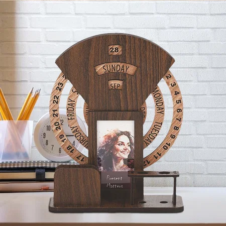 Customized Brown Calendar with Desk Organizer and Photo Frame