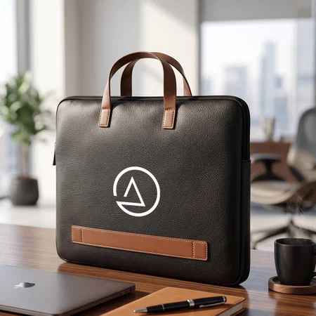 Customized Premium Black Leather Laptop Sleeve Bag with Tan Handles