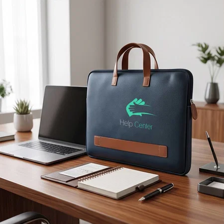 Customized Premium Navy Blue Leather Laptop Sleeve Bag with Tan Handles