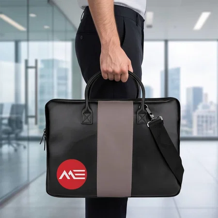 Customized Black Leather Laptop Bag with Grey Center Stripe & Dual Handles