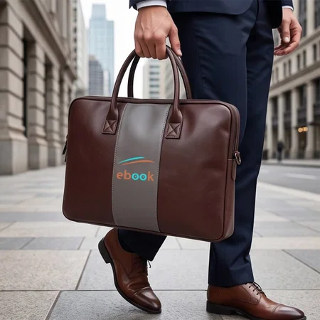 Customized Brown Leather Laptop Bag with Grey Center Stripe & Dual Handles
