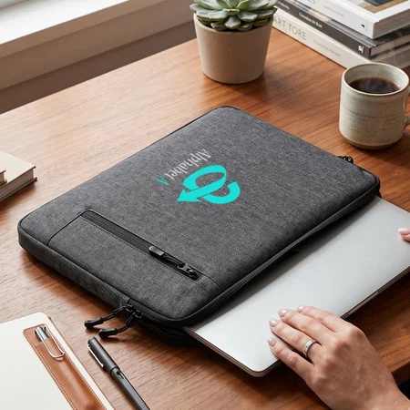 Customized Slim Dark Grey Fabric Laptop Sleeve with Front Zip Pocket