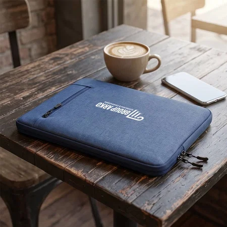 Customized Slim Blue Fabric Laptop Sleeve with Front Zip Pocket