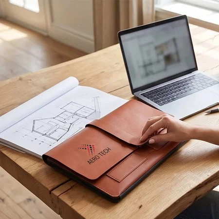 Customized Brown Leather Laptop Envelope Sleeve with Strap Closure