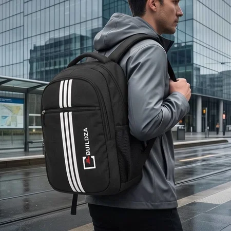 Classic 3-Stripes Black Laptop Backpack with Dual Water Bottle Pockets & Front Zip Compartment