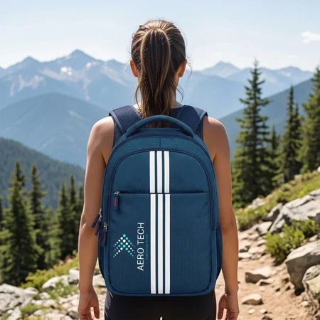 Classic 3-Stripes Blue Laptop Backpack with Dual Water Bottle Pockets & Front Zip Compartment