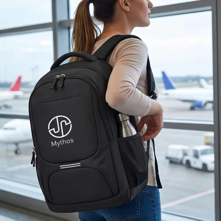 Black Multi-Compartment Laptop Backpack with Reflective Stripe Accent & Dual Side Bottle Pockets