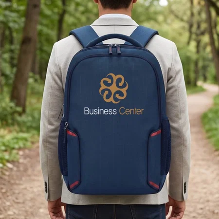Blue Laptop Backpack with Red Accent Detailing & Side Bottle Pockets