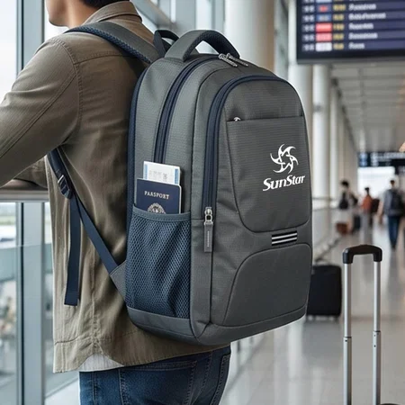 Grey Multi-Compartment Laptop Backpack with Reflective Stripe Accent & Dual Side Bottle Pockets