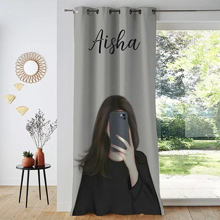 Cute Girl Taking Mirror Selfie Design Customized Photo Printed Curtain
