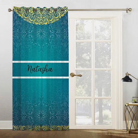 Teal Green Yellow Art Pattern Customized Photo Printed Curtain