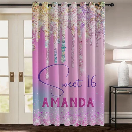 Cute Unicorn Pink Glitter Monogram Customized Photo Printed Curtain
