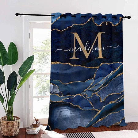 Stylish Navy Blue Gold Monogram Customized Photo Printed Curtain
