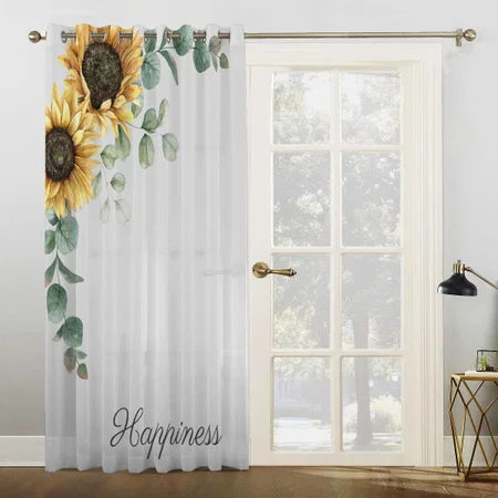 Sunflower Eucalyptus Leaves Script Monogram Customized Photo Printed Curtain