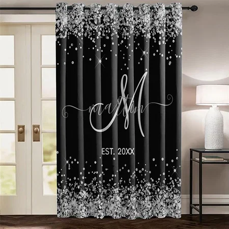 Black Silver Glitter Monogram Customized Photo Printed Curtain