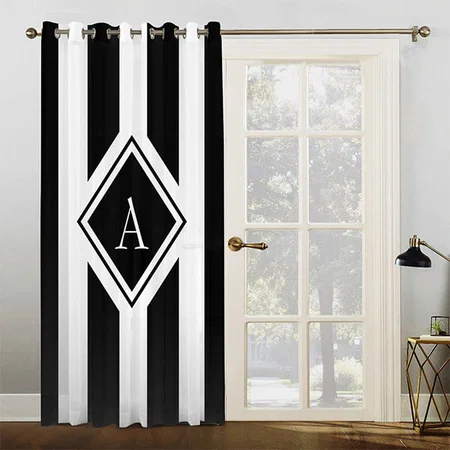 Elegant Black White Vertical Stripes Monogram Customized Photo Printed Curtain