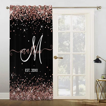 Black Rose Gold Glitter Monogram Customized Photo Printed Curtain